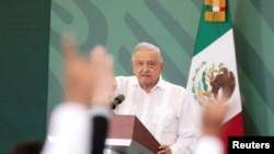 Mexican President Andres Manuel Lopez Obrador holds a news conference in Tapachula