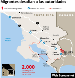 Ruta de migrantes ilegales desde Panamá a Costa Rica