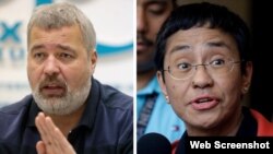 El Premio Nobel de la Paz 2021 fue concedido a los periodistas Dmitry Muratov de Rusia (izquierda) y a Maria Ressa de Filipinas por su lucha por la libertad de expresión. 2021 Mikhail Metzel/AP Images, (c) 2019 Aaron Favila/AP Images