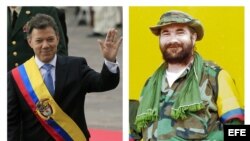 Fotografías del máximo líder de las FARC, Rodrigo Londoño Echeverry, alias "Timochenko", (d, imagen cedida por el diario colombiano "El Espectador"); y el presidente colombiano Juan Manuel Santos (i).