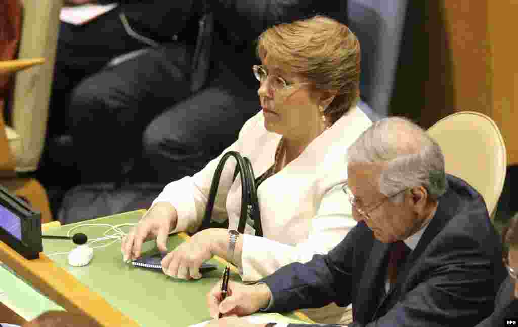 La presidenta de Chile, Michelle Bachelet, durante la intervención del papa Francisco en la ONU.