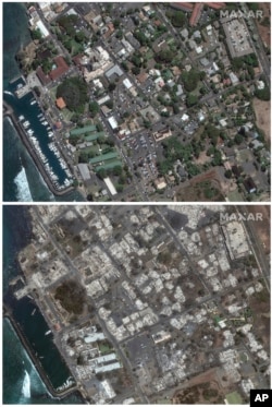 Esta combinación de imágenes suministradas por Maxar Technologies muestra una vista aérea de Banyan Court, en Lahaina, Maui, el 25 de junio de 2023 arriba, y otra de la misma zona el miércoles 9 de agosto tras el paso de un incendio forestal en la isla hawaiana. (Maxar Technologies vía AP)