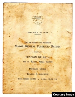 Programa de mano de la gala de Alicia Alonso para Batista, en 1955.