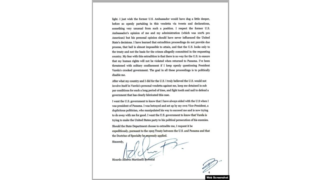 Copia de la carta firmada por Ricardo Martinelli