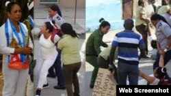 La composición muestra la detención de Aymara Nieto Muñoz frente a la sede de las Damas de Blanco en La Habana. (Foto; A. Moya).