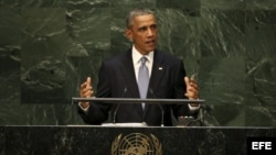 El presidente estadounidense, Barack Obama, interviene en la Asamblea General de las Naciones Unidas celebrada en Nueva York (Estados Unidos).