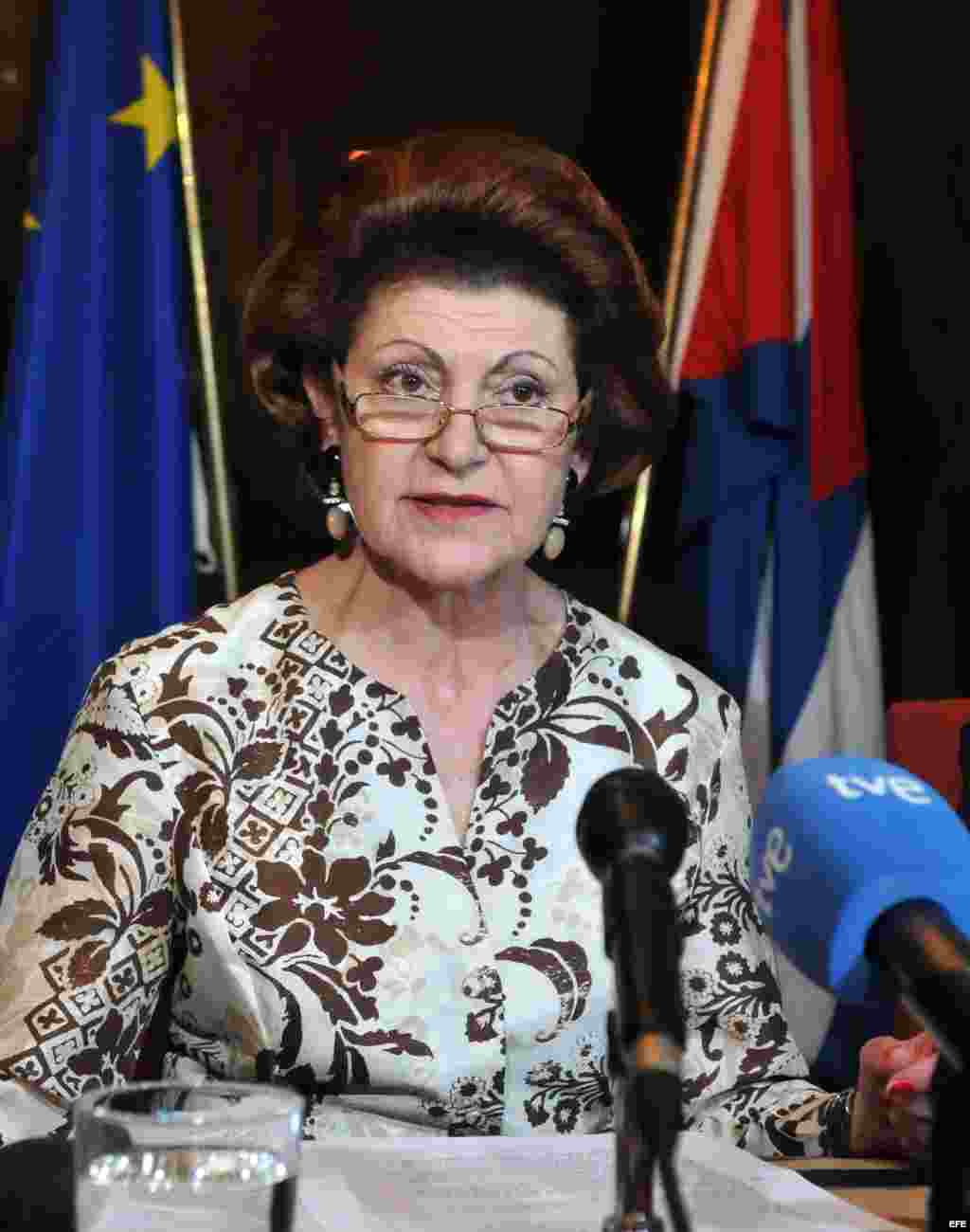 2014.- La comisaria europea de Educación, Cultura, Multilingüismo y Juventud, Androulla Vassiliou, en rueda de prensa en La Habana (Cuba).