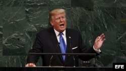 El presidente de Estados Unidos, Donald Trump, interviene durante la apertura del debate de alto nivel de la Asamblea General de la ONU, en su sede en Nueva York (Estados Unidos) hoy, 19 de septiembre de 2017. 