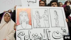 Mujeres egipcias sostienen una pancarta durante una manifestación para pedir una legislación que las proteja contra el acoso sexual, en el sindicato de periodistas de El Cairo, Egipto, el jueves 9 de noviembre de 2006. 