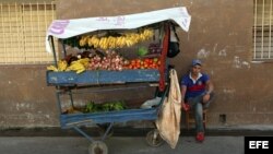 Un hombre vende frutas y verduras en una carretilla (diciembre, 2014).