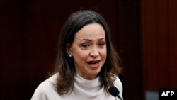 La líder opositora María Corina Machado hace un discurso ante la Asamblea Nacional de Panamá, en mayo pasado.
