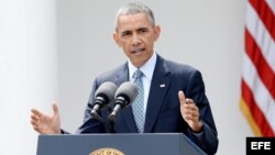 El presidente de EEUU Barack Obama habla en una conferencia de prensa sobre el pacto nuclear con Irán.