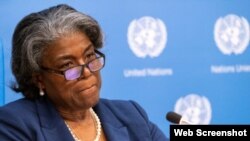 Linda Thomas-Greenfield sentada ante el micrófono, con el telón de fondo de las Naciones Unidas (© Mary Altaffer/AP Images).
