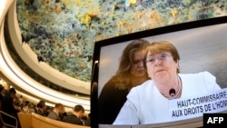 Primer discurso de Michelle Bachelet en la ONU, tras asumir el cargo de alta comisionada de los derechos. (Fabrice Coffrini/AFP).