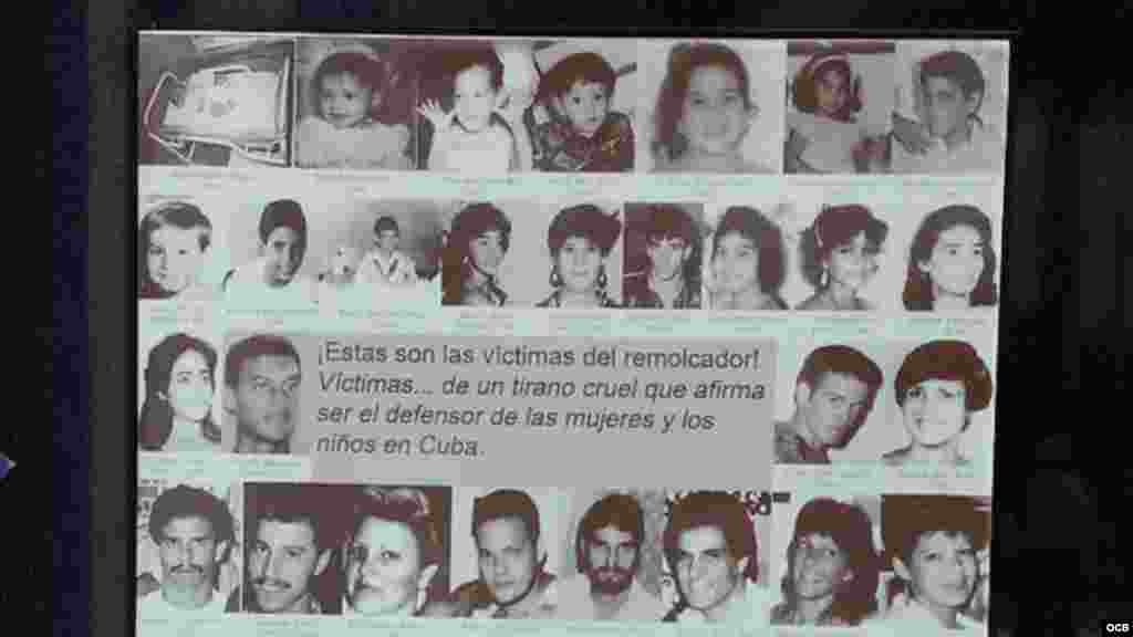 En 1994, a partir del testimonio de los sobrevivientes Radio Martí dio a conocer al pueblo cubano que el hundimiento del remolcador &quot;13 de marzo&quot; que ocasionó la muerte de 37 personas cerca a la bahía de La Habana, no fue un accidente. Placa de fotografías de víctimas del remolcador 13 de marzo.