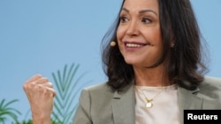 María Corina Machado, líder de la oposición venezolana y ganadora del Premio Nobel de la Paz, habla durante la conferencia energética CERAWeek 2026 en Houston, Texas, EE. UU., el 24 de marzo de 2026. REUTERS/Danielle Villasana