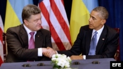 El presidente de EE. UU., Barack Obama (d), estrecha la mano del presidente electo ucraniano, Petro Poroshenko, durante la reunión que mantuvieron hoy, miércoles 4 de junio de 2014, en Varsovia (Polonia).