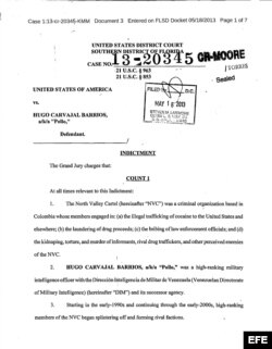 Reproducción del documento que muestra la acusación formal. Carvajal fue acusado el 13 de mayo de 2013 por un gran jurado de Florida de haber recibido dinero de un narco