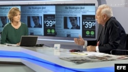 Fotografía facilitada por Televisión Española (TVE) del ministro español de Asuntos Exteriores, José Manuel García-Margallo, junto a la periodista María Casado. 