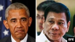 Combo de fotografías que muestran al presidente de Estados Unidos, Barack Obama (i), durante la reunión de líderes del G20 en Hangzhou (China) ayer, 5 de septiembre de 2016, y al presidente de Filipinas, Rodrigo Duterte (d), en la cumbre la Asociación de 