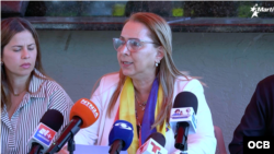 Helen Villalonga, presidenta de AMAVEX, durante rueda de prensa en Miami. (OCB)