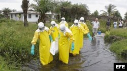 Un equipo transporta el cadáver de una víctima del ébola en Liberia.