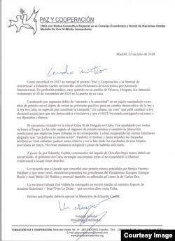Carta de Paz y Cooperación al canciller español por la libertad de Cardet.