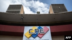 View of the facade of Venezuela's National Electoral Council (CNE) headquarters in Caracas, taken on June 15, 2023.