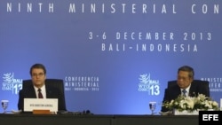 El presidente indonesio Susilo Bambang Yudhoyono (d) y el director general de la Organización Mundial del Comercio (OMC), el brasileño Roberto Azevedo, asisten a la reunión ministerial de la OMC en Bali (Indonesia). 