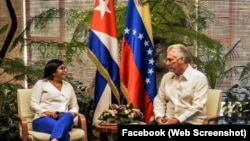 La presidenta encargada d eVenezuela Delcy Rodríguez en un encuentro con El gobernante cubano Miguel Díaz Canel (Archivo) 