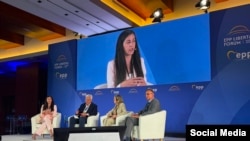 Rosa María Payá, líder de Cuba Decide, habla en panel sobre Cuba en foro Libertas en Madrid este 16 de julio de 2026.