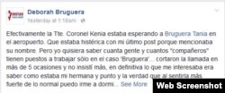 Mensaje en Facebook de la hermana de Deborah Bruguera sobre la llegada de la artista a Cuba.