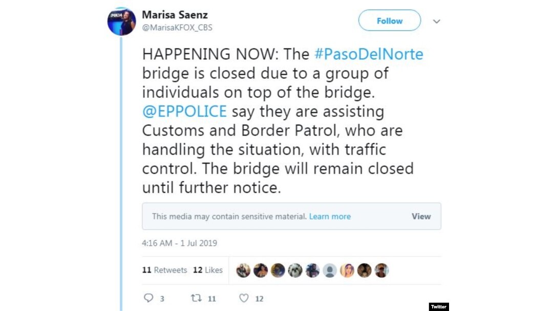 La reportera Marisa Saenz, de una filial local de la cadena CBS, reporta el cierre del cruce fronterizo porque "hay un grupo de individuos encima del puente".