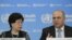 La directora general de la Organización Mundial de la Salud (OMS), Margaret Chan (i), y el ministro de Salud Pública de Cuba, Roberto Morales Ojeda (d), habla durante una rueda de prensa en la sede de la OMS en Ginebra (Suiza), el 12 de septiembre de 2014