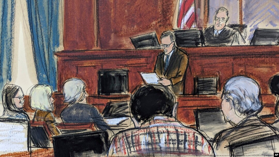 Representación gráfica del juicio el 9 de mayo de 2023 en Nueva York. (Elizabeth Williams via AP).