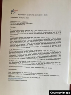 Carta enviada por MCL para intercepcion de Ministro de Exteriores francés por libertad de Cardet