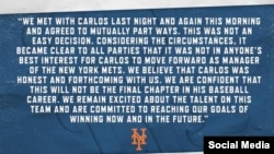 Declaración de la directiva de los Mets sobre Carlos Beltrán.