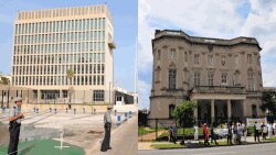 La sede diplomática de EEUU en La Habana y la de Cuba en Washington (i-d).