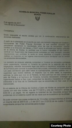 Carta-respuesta del Poder Popular a la cuentapropista Dairis González Ravelo (Detalle).