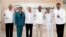 This handout picture released by the Mexican Presidency shows (L-R) Cuban President Miguel Diaz-Canel, Honduran President Xiomara Castro, Mexican President Andres Manuel Lopez Obrador, Haitian Prime Minister Ariel Henry, Colombian President Gustavo Petro 