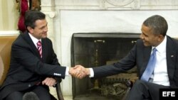 El presidente estadounidense, Barack Obama, con el mandatario electo mexicano, Enrique Peña Nieto, en la Oficina Oval de la Casa Blanca en Washington DC (EE.UU.)
