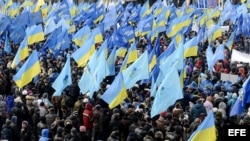 Activistas participan en una concentración antieuropea en la Plaza de la Independencia de Kiev (Ucrania) hoy, viernes 29 de noviembre de 2103. 