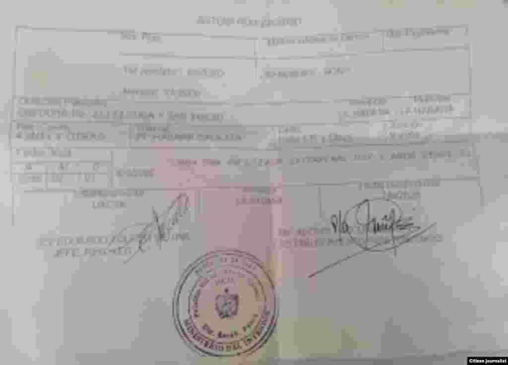 Documento entragado a Yasser Rivero al momento de la excarcelación.
