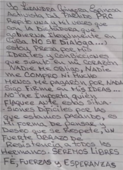 Carta de Lizandra Góngora Espinosa.