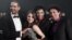 El director Alejandro Brugués (i) y actores Alexis Díaz (d), Jazz Vilá (2d), y Andrea Duro (2i) posan con el Goya a la mejor película iberoamericana, por "Juan de los Muertos", premiada  en la gala de la XXVII edición de los premios Goya  