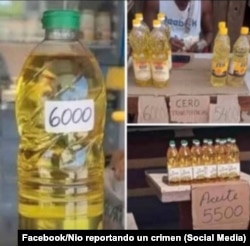 Pomo de aceite con una etiqueta de su precio en el mercado informal en Cuba