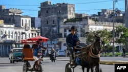 Un hombre viaja en un carro tirado por caballos mientras otro conduce un bicitaxi por una calle de La Habana, el 29 de julio de 2026.
