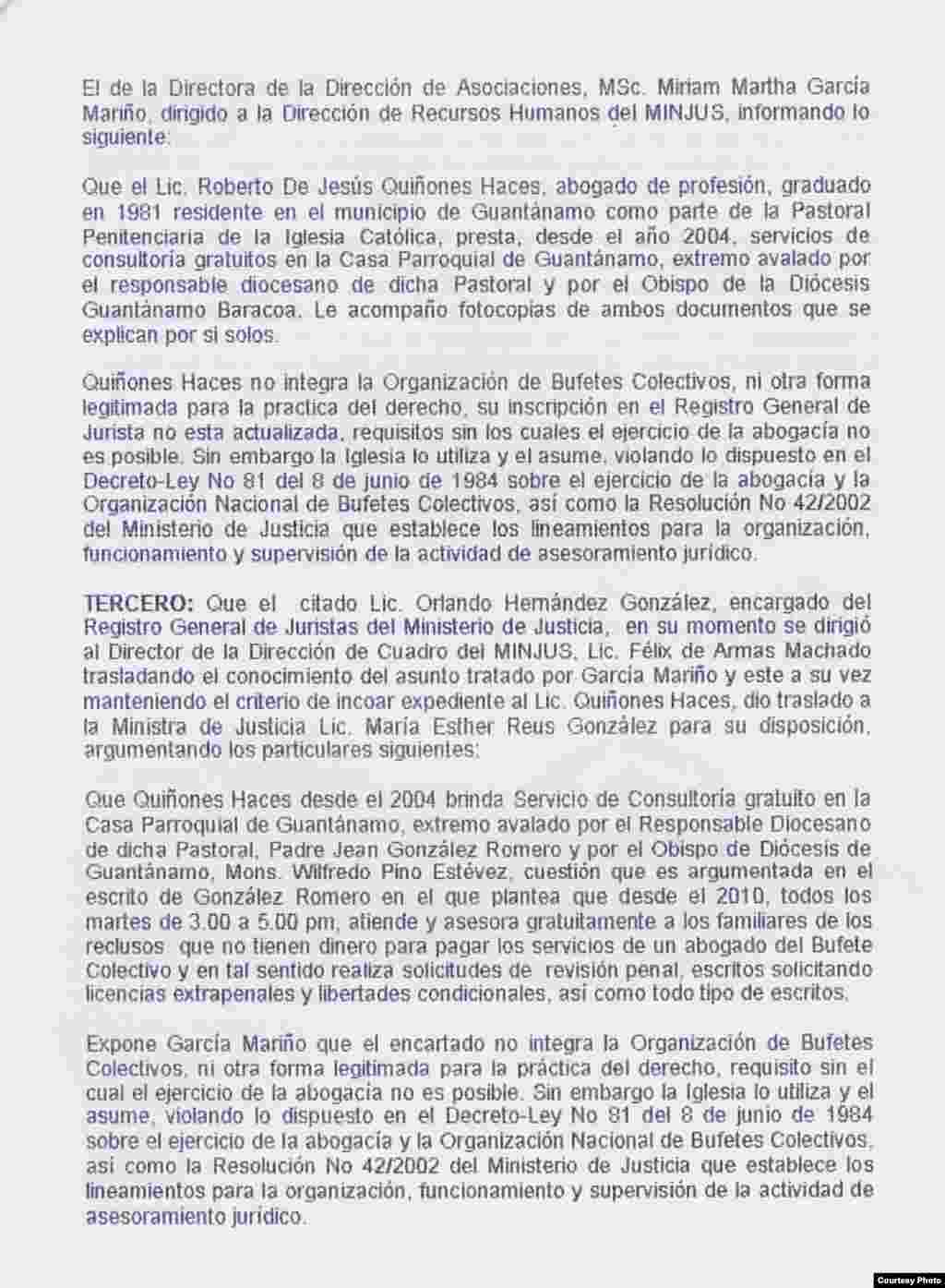 Notificación al abogado Roberto Quiñones