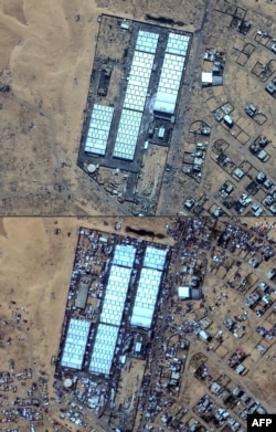 Imágenes satelitales del campo de desplazados en el área de Tal al-Sultan en Rafah, en el sur de la Franja de Gaza, cerca de un Centro de Ayuda y Trabajo de la ONU. Photo by Satellite image ©2024 Maxar Technologies / AFP)