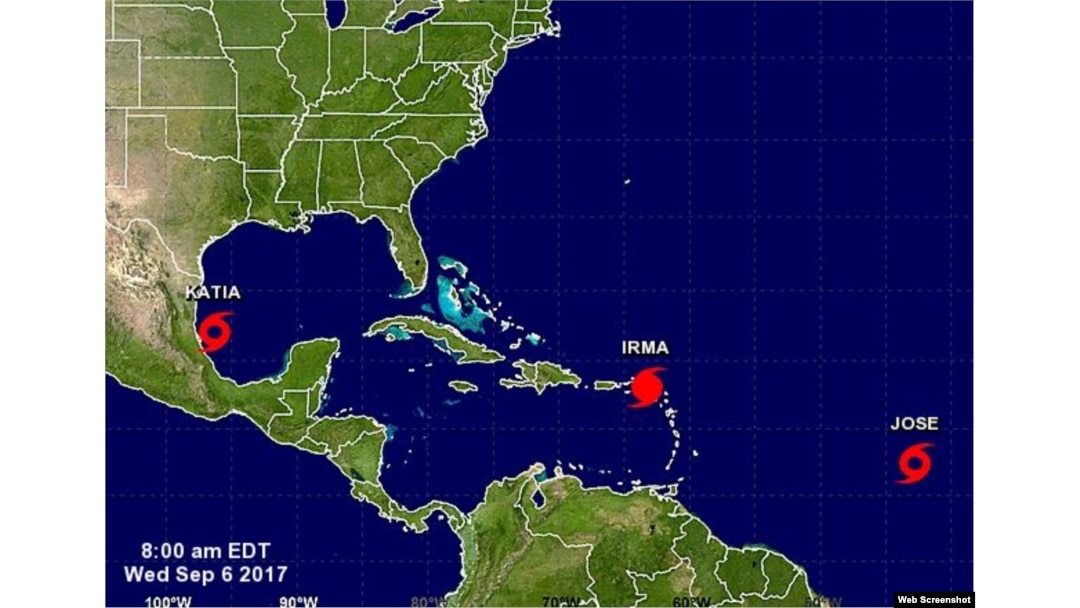 De izq. a der. Katia, Irma y José. Foto http://www.nhc.noaa.gov/